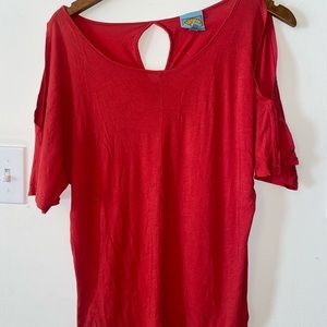 Red blouse with open shoulders and back keyhole